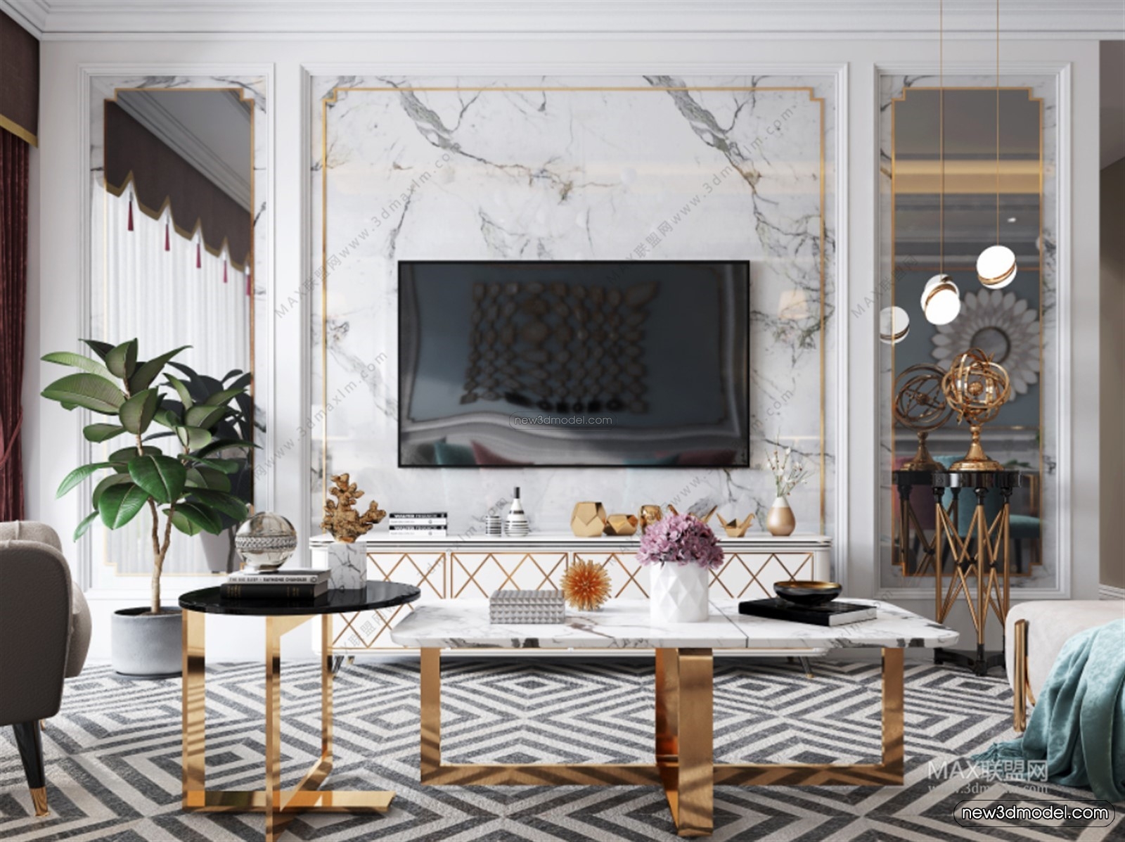 Europe Style Interior 3D Blocks – Living Room 3D Model – 128 – VRAY - thumbnail 3