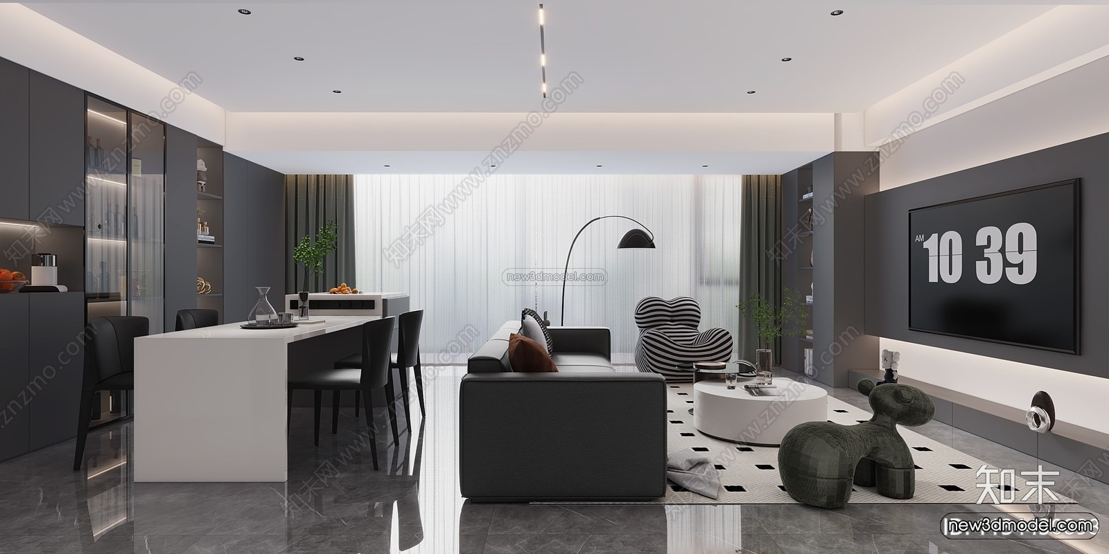 Minimalist Style Interior 3D Blocks – Living Room 3D Model – 095 – VRAY - thumbnail 2