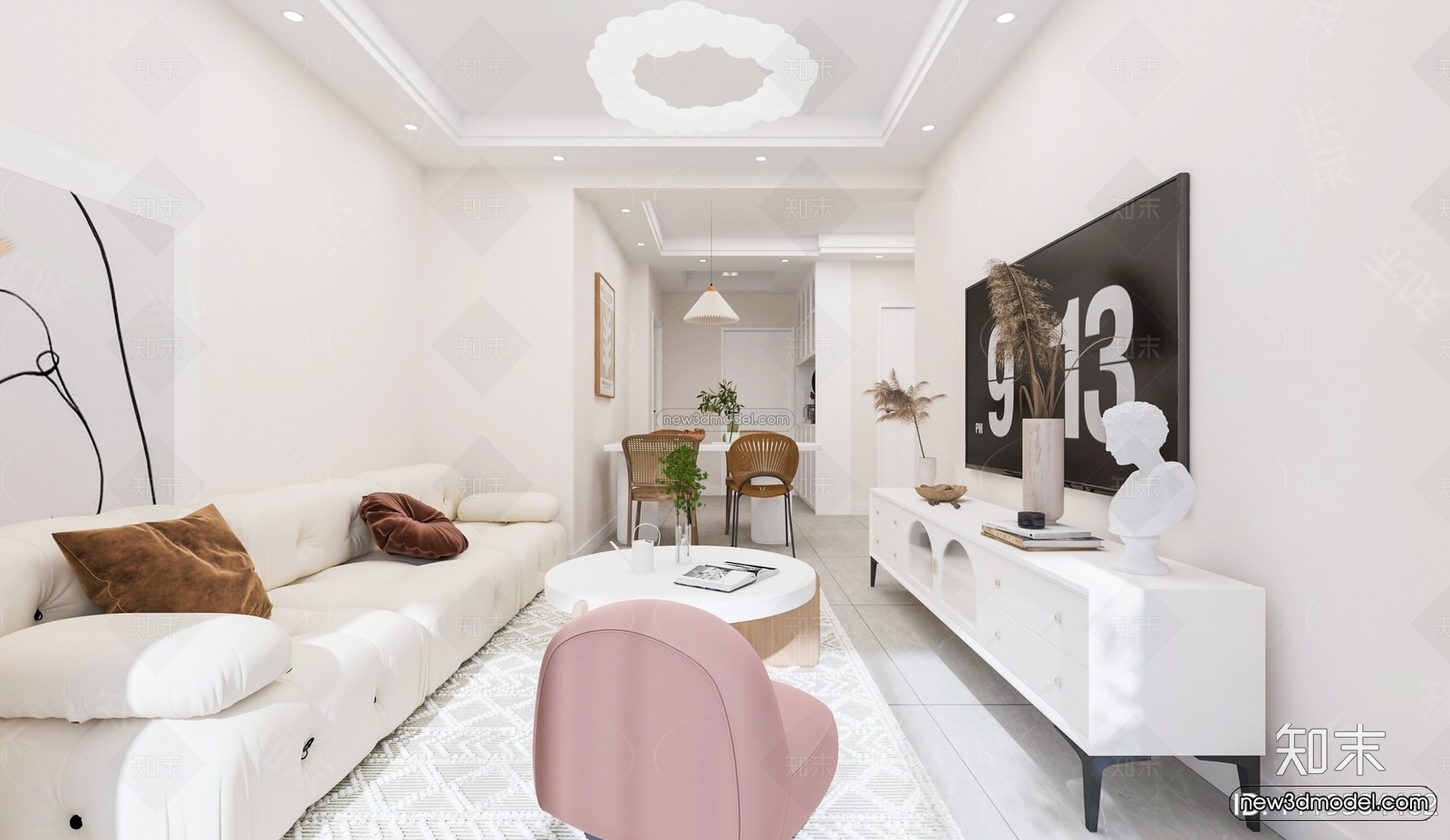 Cream Style Interior 3D Blocks – Living Room 3D Model – 096 – VRAY - thumbnail 3