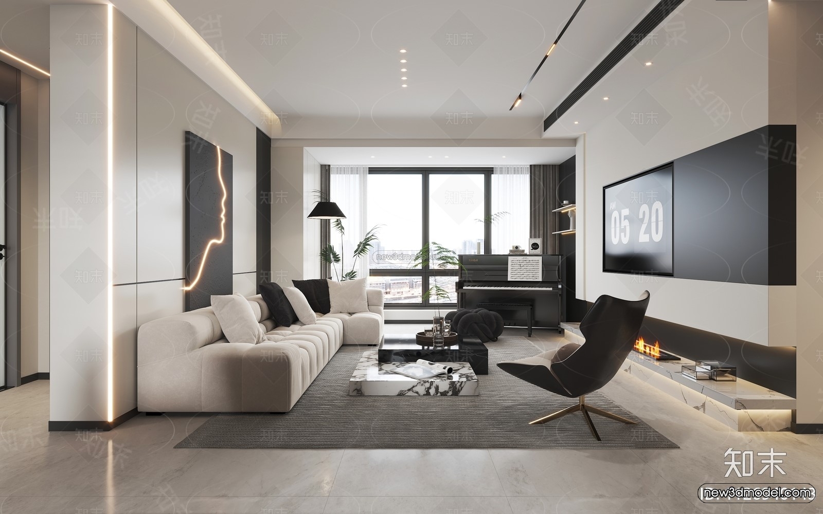 Black – White – Gray Colors Interior 3D Blocks – Living Room 3D Scene – 001 – VRAY - thumbnail 3