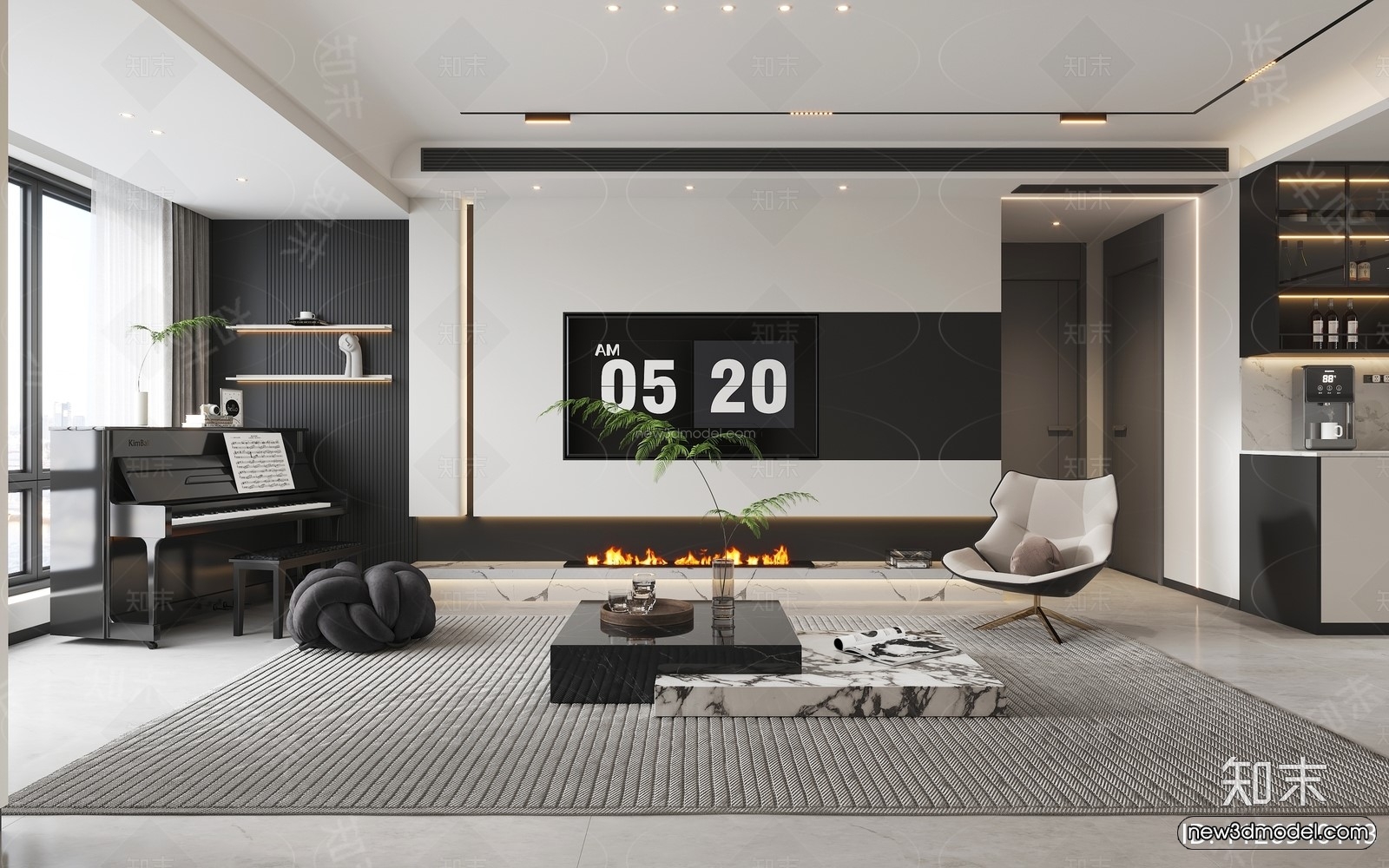 Black – White – Gray Colors Interior 3D Blocks – Living Room 3D Scene – 001 – VRAY - thumbnail 2