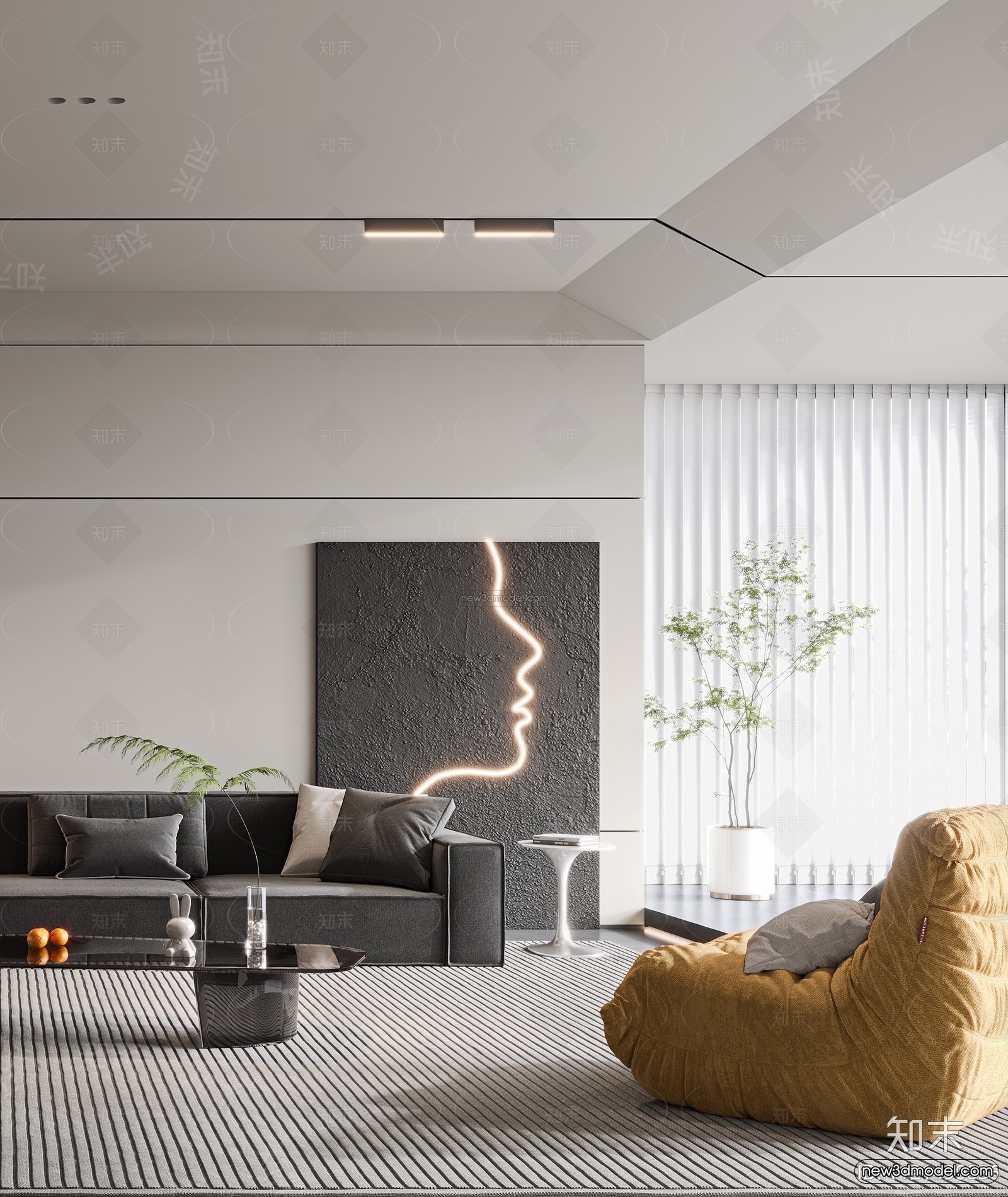 Black – White – Gray Colors Interior 3D Blocks – Living Room 3D Scene – 002 – VRAY - thumbnail 3