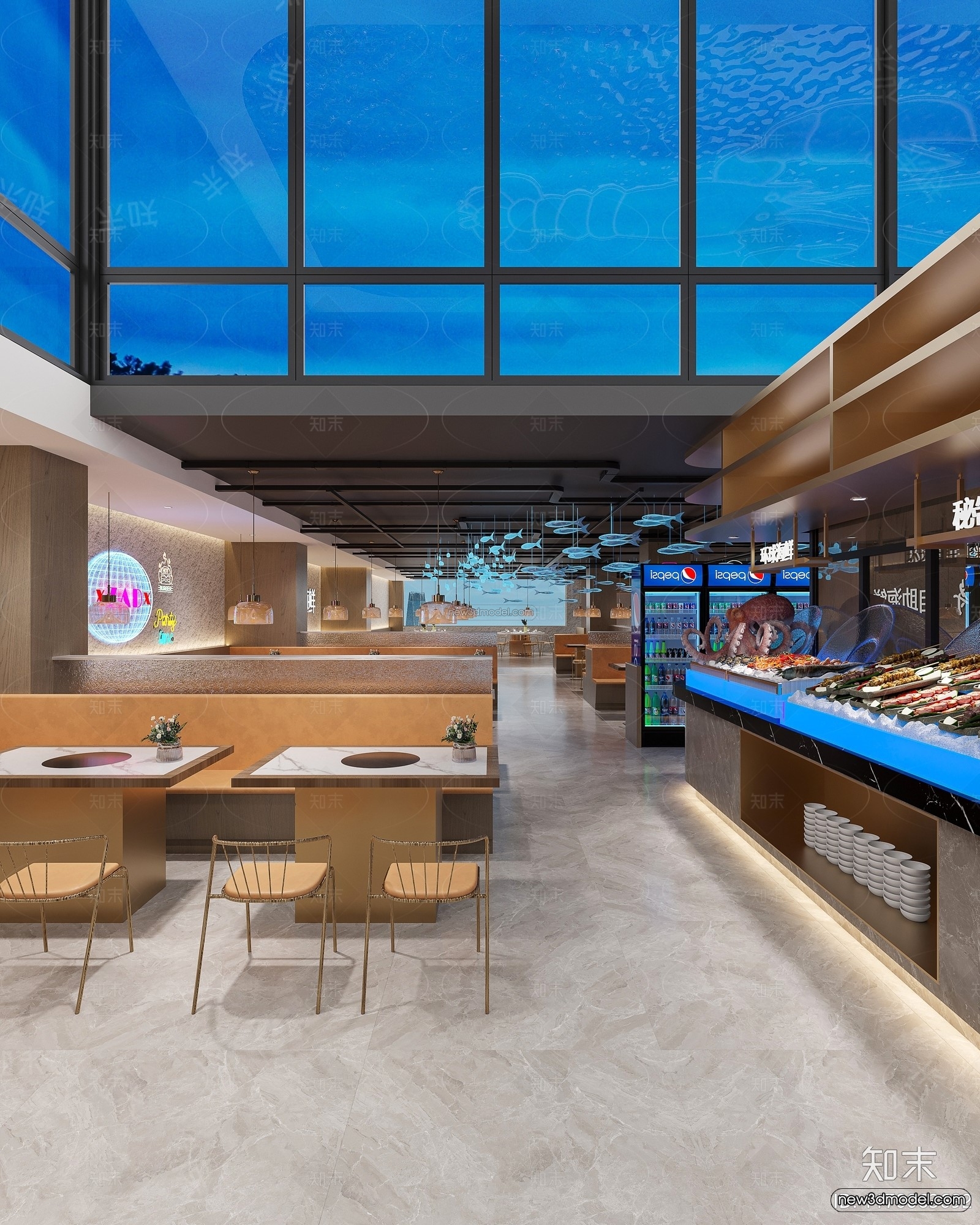 Modern Style Interior 3D Blocks and 3D Models – Seafood Restaurant 3D Scene – 1014 – CORONA - thumbnail 4