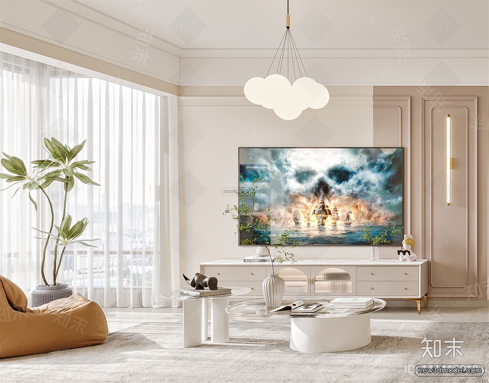 Cream Style Interior 3D Blocks – Living Room 3D Model – 091 – VRAY - thumbnail 3