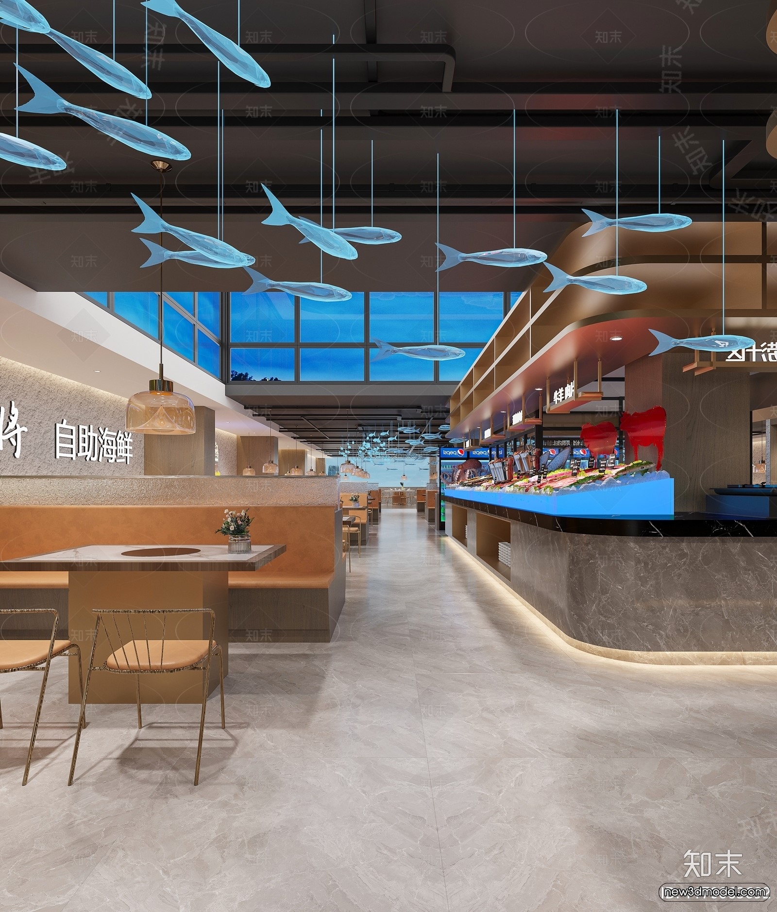 Modern Style Interior 3D Blocks and 3D Models – Seafood Restaurant 3D Scene – 1014 – CORONA - thumbnail 2