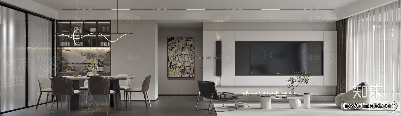 Black – White – Gray Colors Interior 3D Blocks – Living Room 3D Scene – 050 – CORONA - thumbnail 3