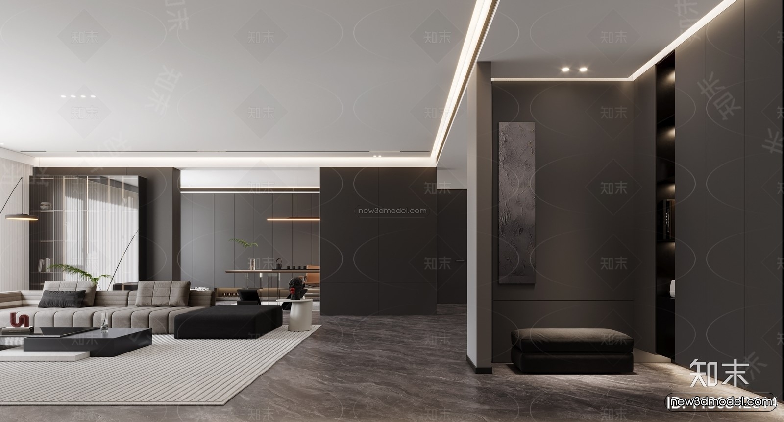 Black – White – Gray Colors Interior 3D Blocks – Living Room 3D Scene – 052 – CORONA - thumbnail 3
