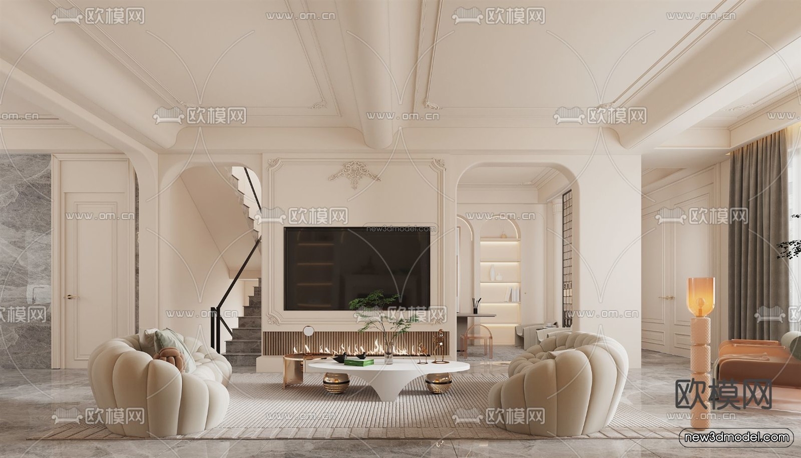 Cream Style Interior 3D Blocks – Living Room 3D Model – 101 – VRAY - thumbnail 2