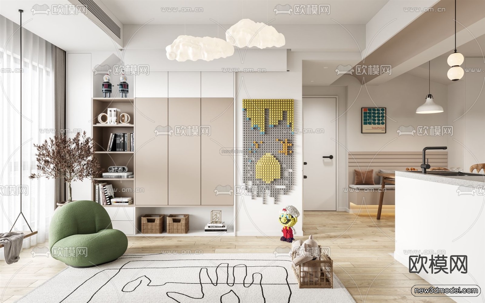 Cream Style Interior 3D Blocks – Living Room 3D Model – 104 – VRAY - thumbnail 3