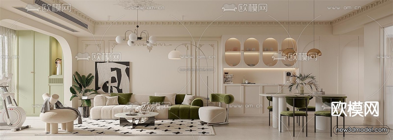 Cream Style Interior 3D Blocks – Living Room 3D Model – 105 – VRAY - thumbnail 3