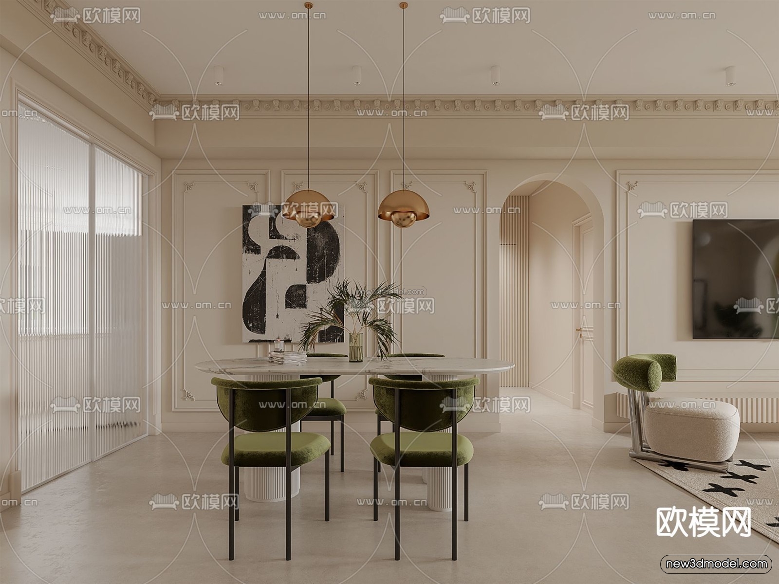 Cream Style Interior 3D Blocks – Living Room 3D Model – 105 – VRAY - thumbnail 2