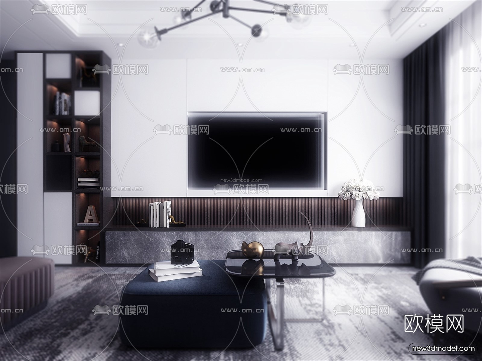 Black – White – Gray Colors Interior 3D Blocks – Living Room 3D Scene – 070 – VRAY - thumbnail 4