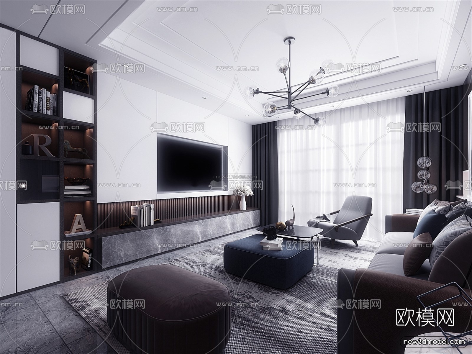 Black – White – Gray Colors Interior 3D Blocks – Living Room 3D Scene – 070 – VRAY - thumbnail 2