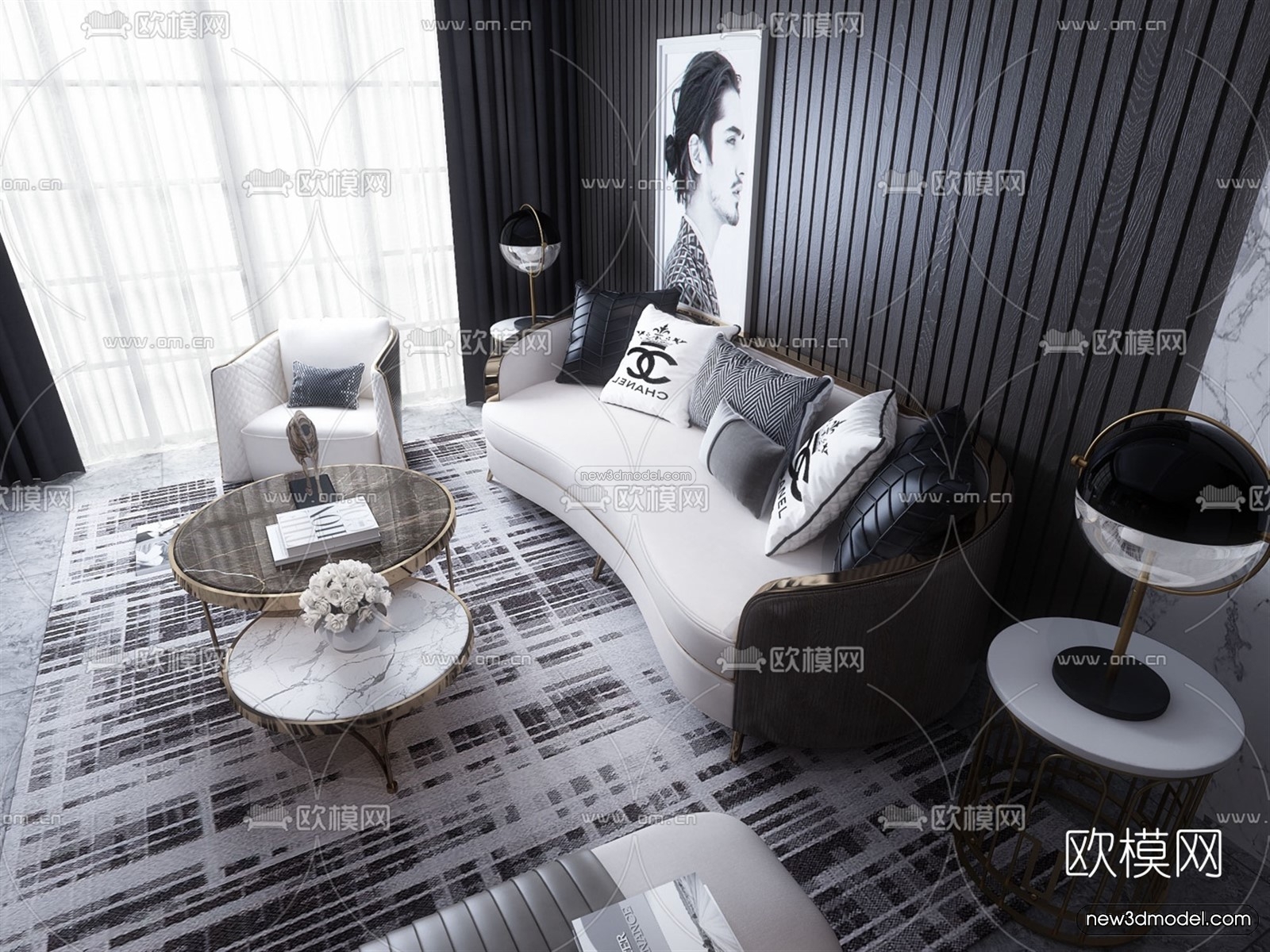 Black – White – Gray Colors Interior 3D Blocks – Living Room 3D Scene – 069 – VRAY - thumbnail 5