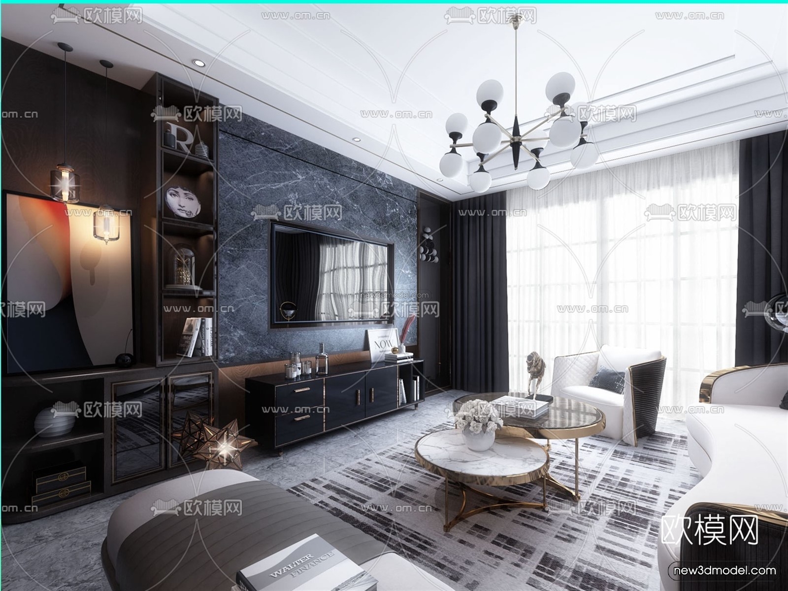 Black – White – Gray Colors Interior 3D Blocks – Living Room 3D Scene – 069 – VRAY - thumbnail 4