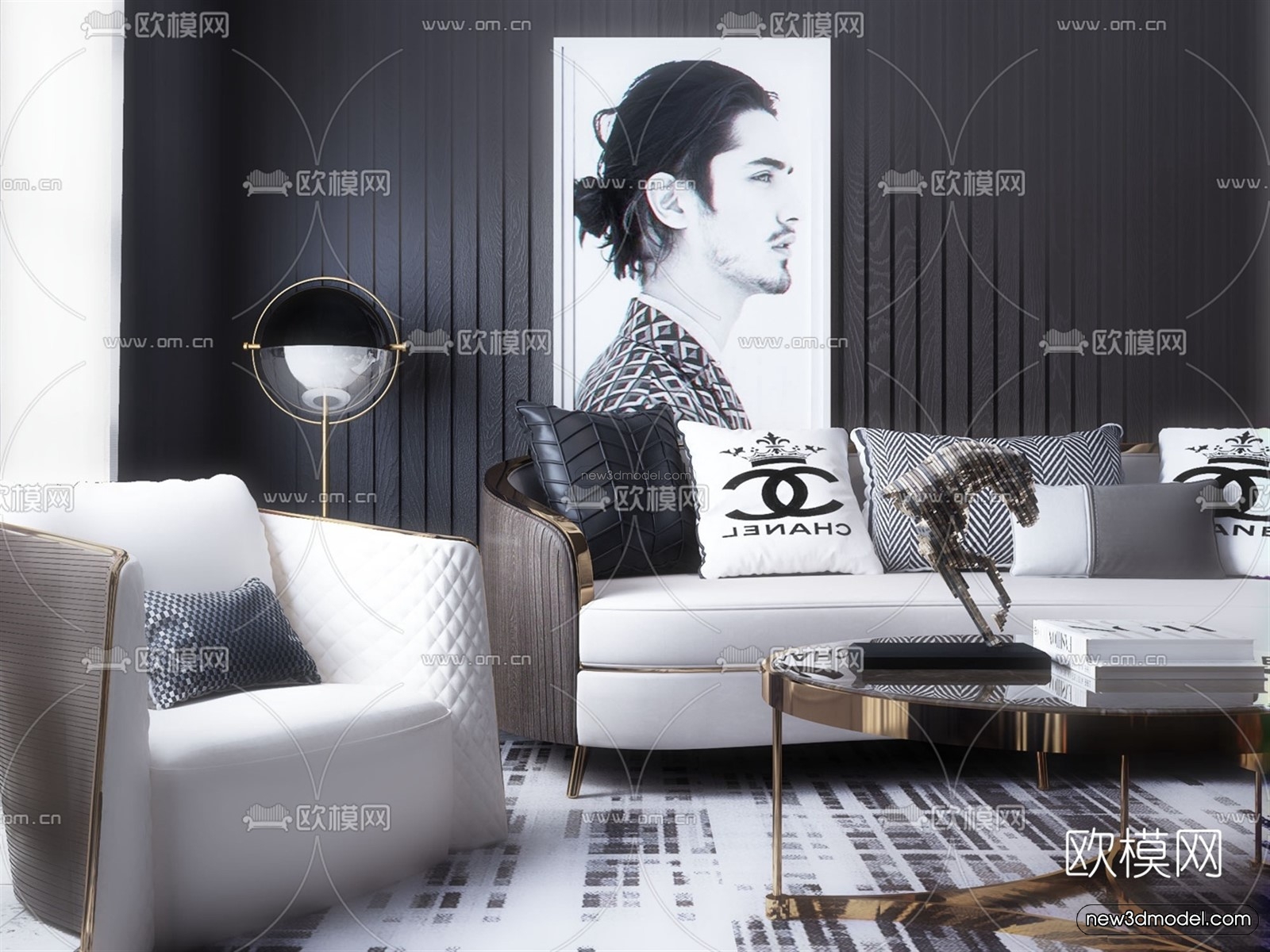 Black – White – Gray Colors Interior 3D Blocks – Living Room 3D Scene – 069 – VRAY - thumbnail 3