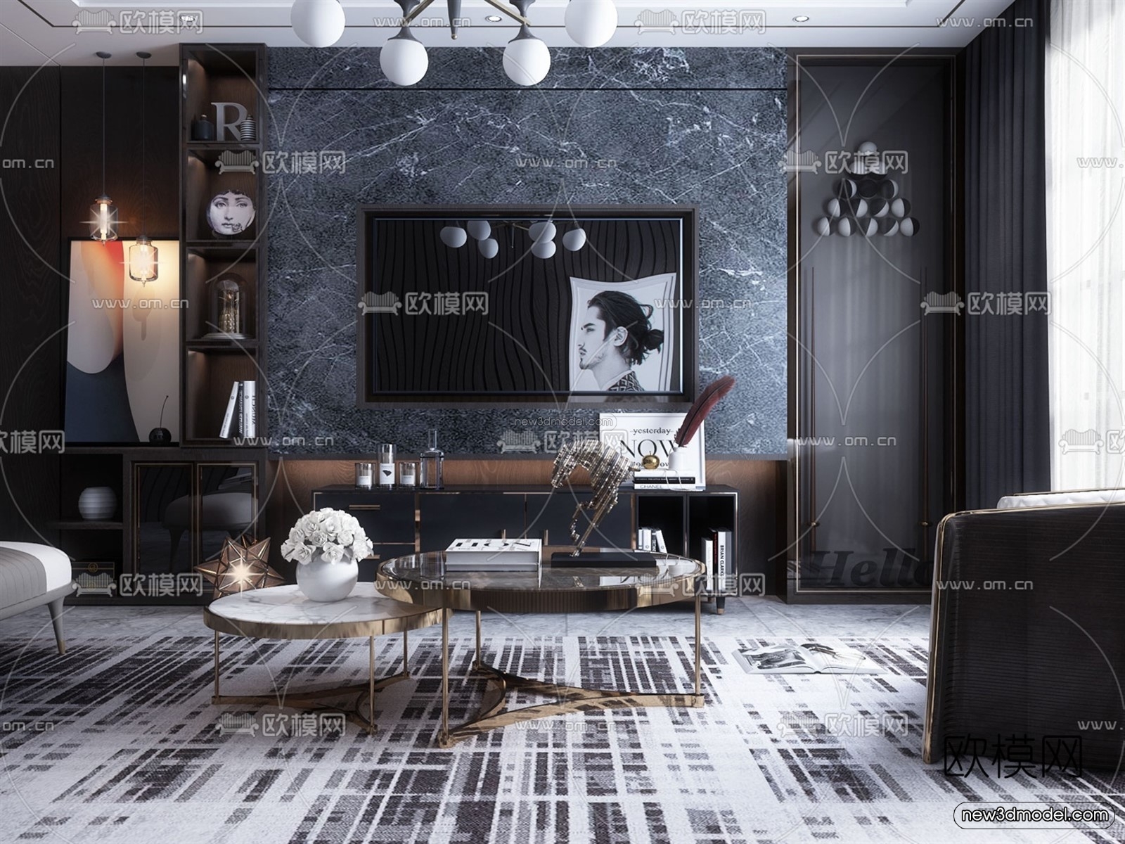 Black – White – Gray Colors Interior 3D Blocks – Living Room 3D Scene – 069 – VRAY - thumbnail 2