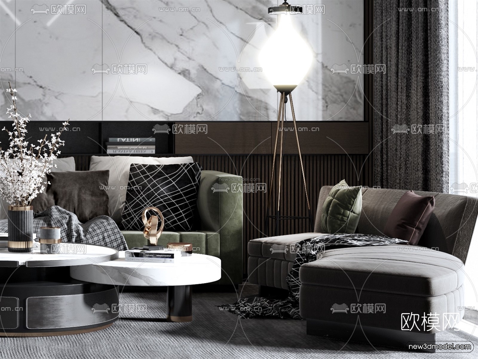 Black – White – Gray Colors Interior 3D Blocks – Living Room 3D Scene – 074 – VRAY - thumbnail 3