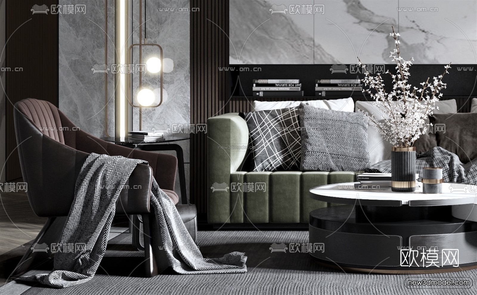 Black – White – Gray Colors Interior 3D Blocks – Living Room 3D Scene – 074 – VRAY - thumbnail 2