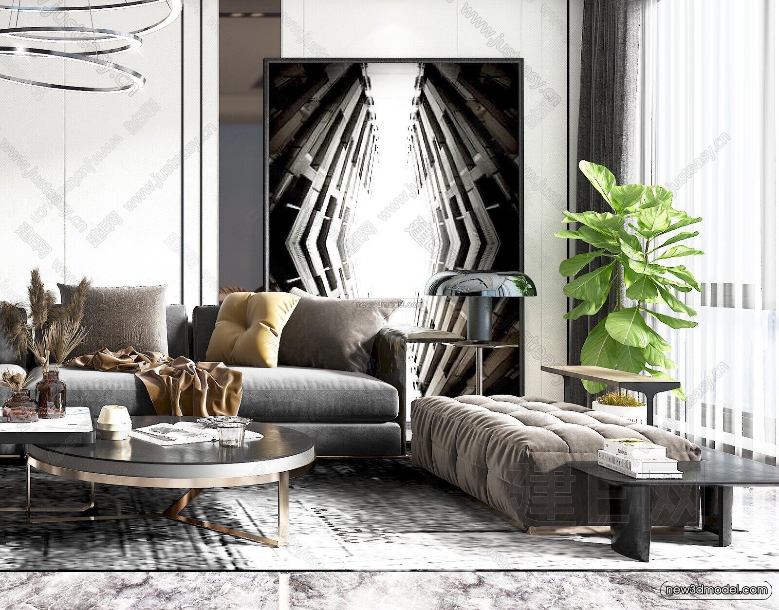 Black – White – Gray Colors Interior 3D Blocks – Living Room 3D Scene – 075 – VRAY - thumbnail 3