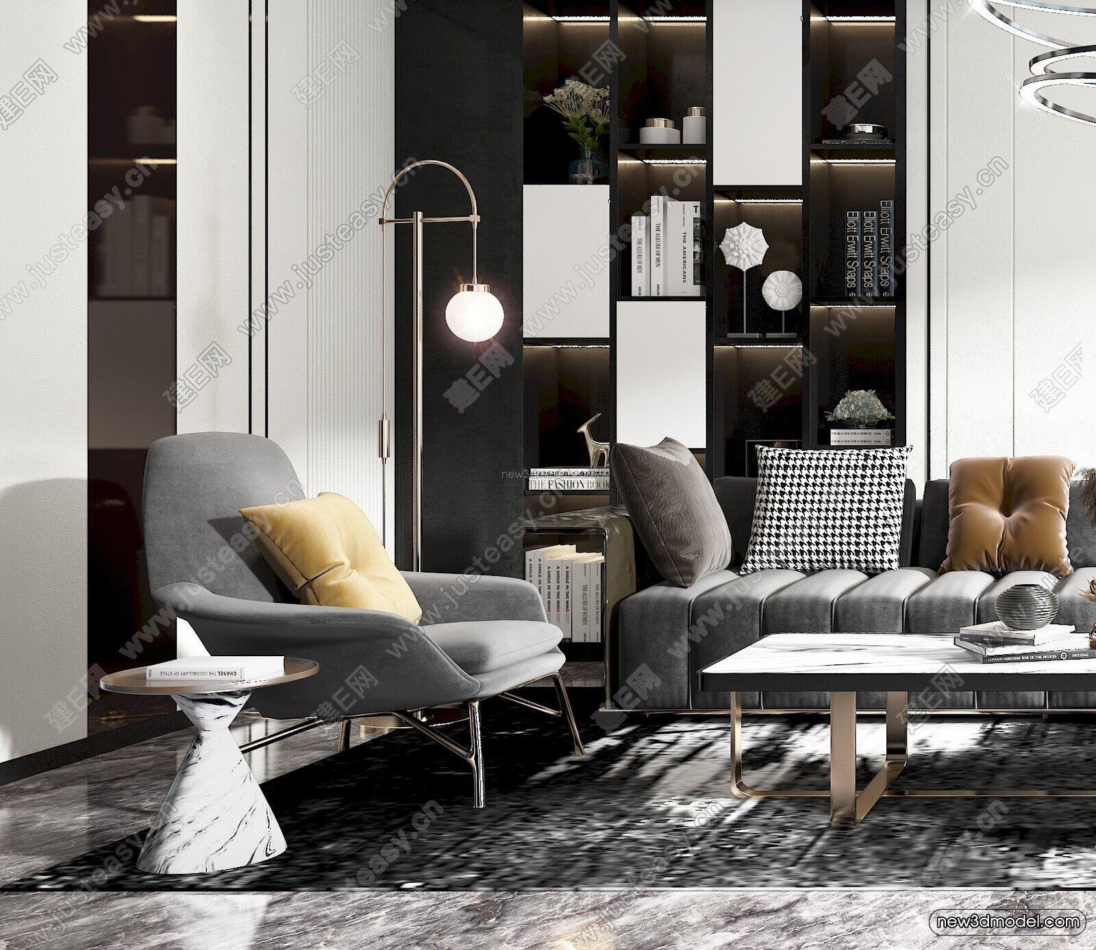 Black – White – Gray Colors Interior 3D Blocks – Living Room 3D Scene – 075 – VRAY - thumbnail 2
