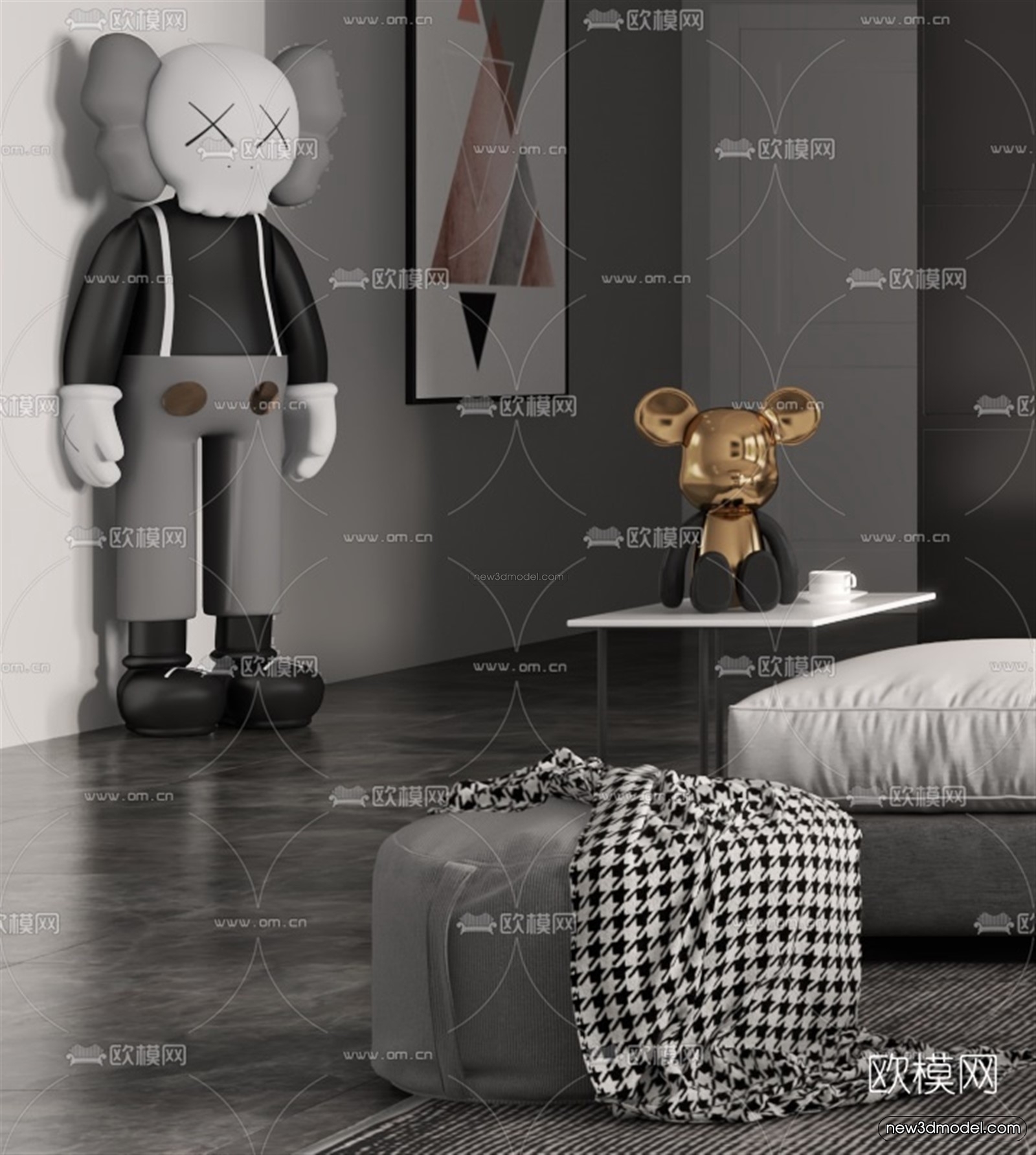 Black – White – Gray Colors Interior 3D Blocks – Living Room 3D Scene – 077 – VRAY - thumbnail 2