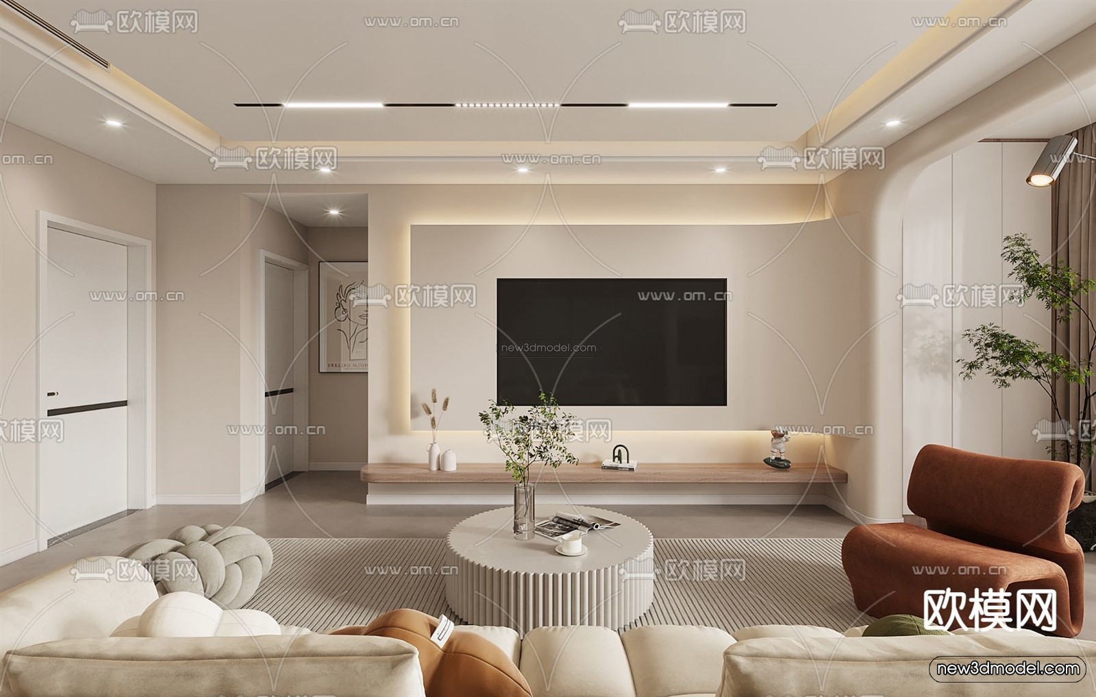Cream Style Interior 3D Blocks – Living Room 3D Model – 115 – VRAY - thumbnail 2