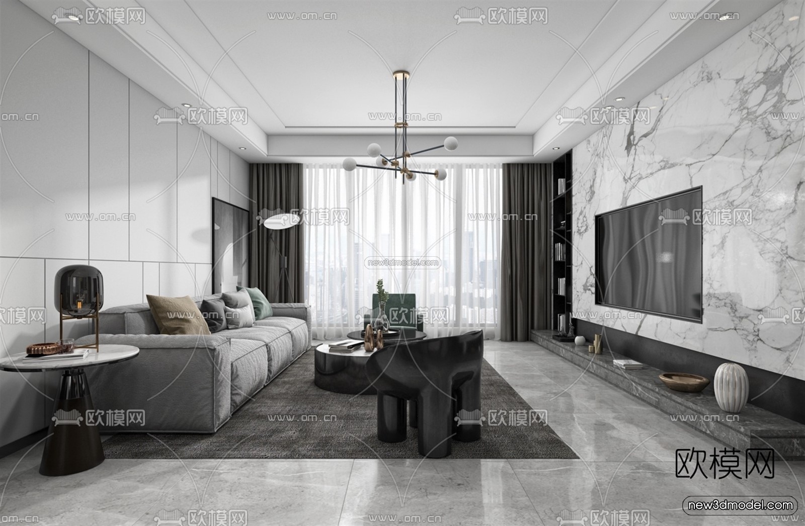 Black – White – Gray Colors Interior 3D Blocks – Living Room 3D Scene – 088 – VRAY - thumbnail 3