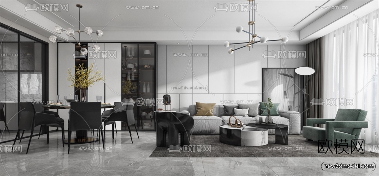 Black – White – Gray Colors Interior 3D Blocks – Living Room 3D Scene – 088 – VRAY - thumbnail 2