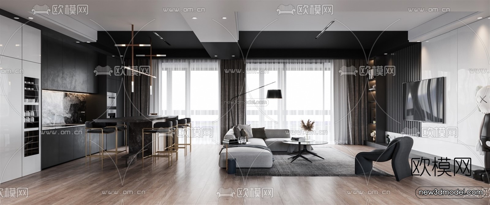 Black – White – Gray Colors Interior 3D Blocks – Living Room 3D Scene – 089 – VRAY - thumbnail 3