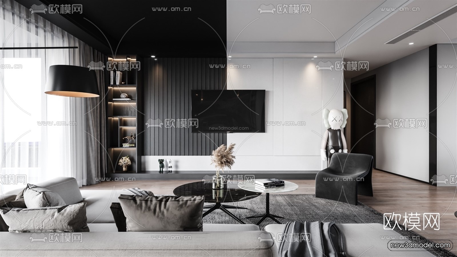 Black – White – Gray Colors Interior 3D Blocks – Living Room 3D Scene – 089 – VRAY - thumbnail 2