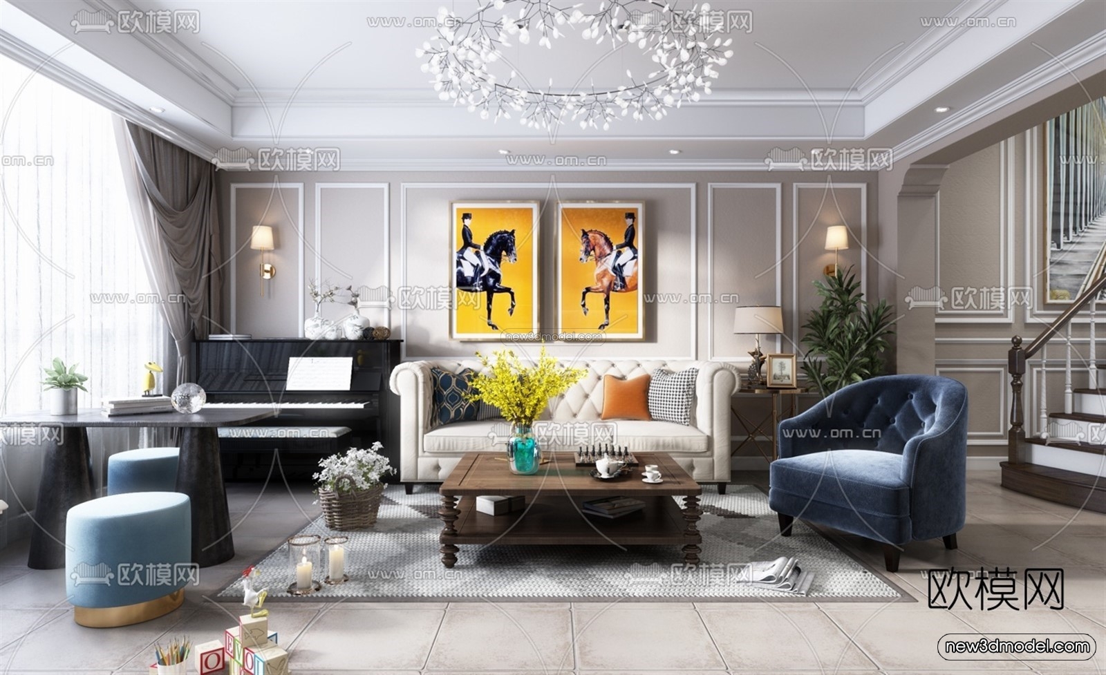 Europe Style Interior 3D Blocks – Living Room 3D Model – 053 – VRAY - thumbnail 4