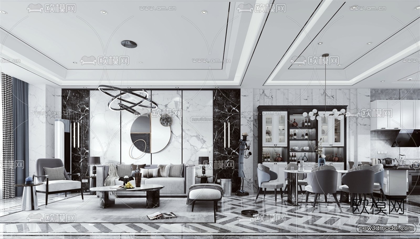 Black – White – Gray Colors Interior 3D Blocks – Living Room 3D Scene – 091 – VRAY - thumbnail 2
