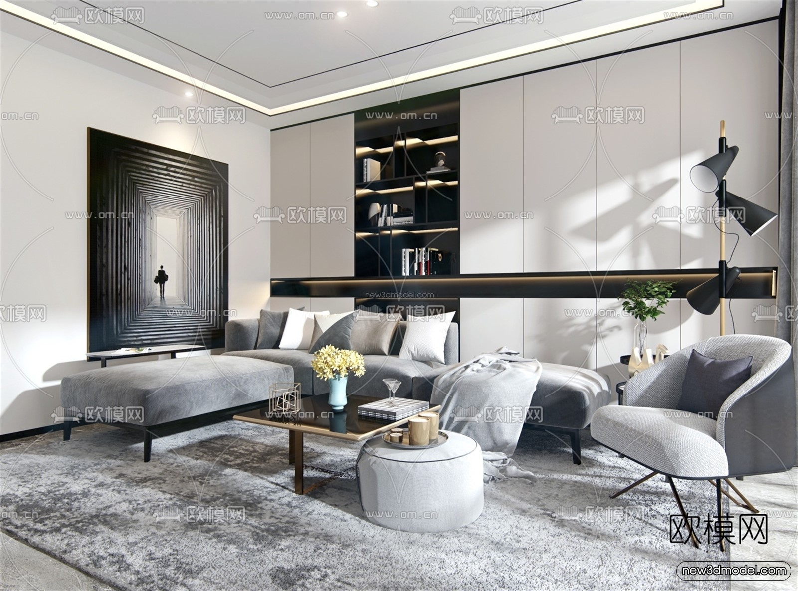 Black – White – Gray Colors Interior 3D Blocks – Living Room 3D Scene – 092 – VRAY - thumbnail 2