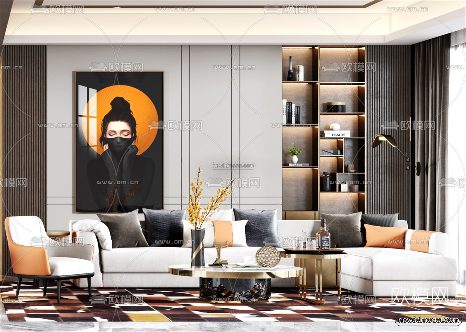 Luxury Style Interior 3D Blocks – Living Room 3D Model – 092 – VRAY - thumbnail 2