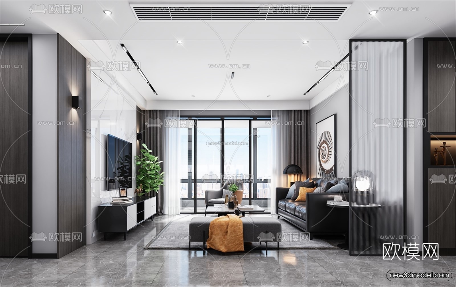 Black – White – Gray Colors Interior 3D Blocks – Living Room 3D Scene – 093 – VRAY - thumbnail 2
