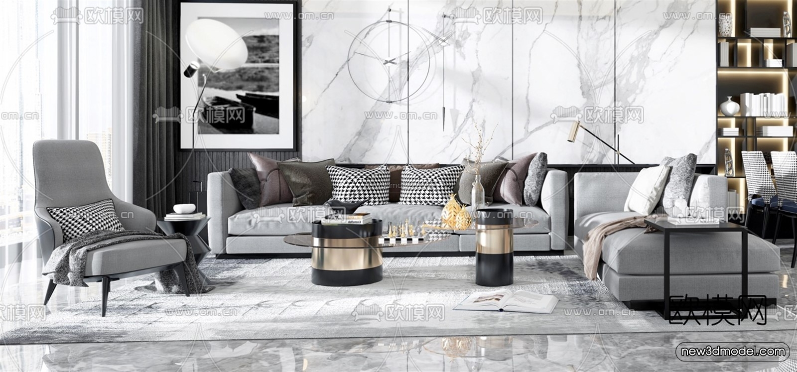 Black – White – Gray Colors Interior 3D Blocks – Living Room 3D Scene – 095 – VRAY - thumbnail 3