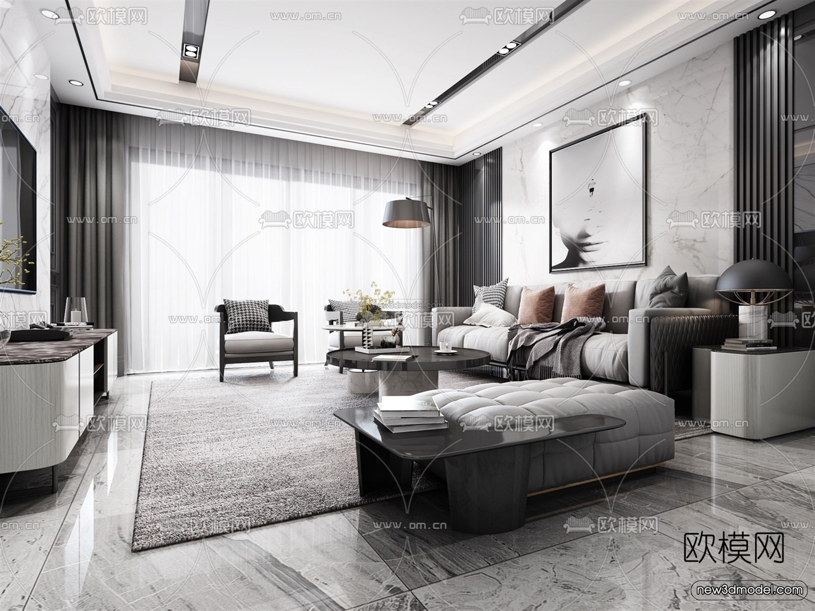 Black – White – Gray Colors Interior 3D Blocks – Living Room 3D Scene – 097 – VRAY - thumbnail 2