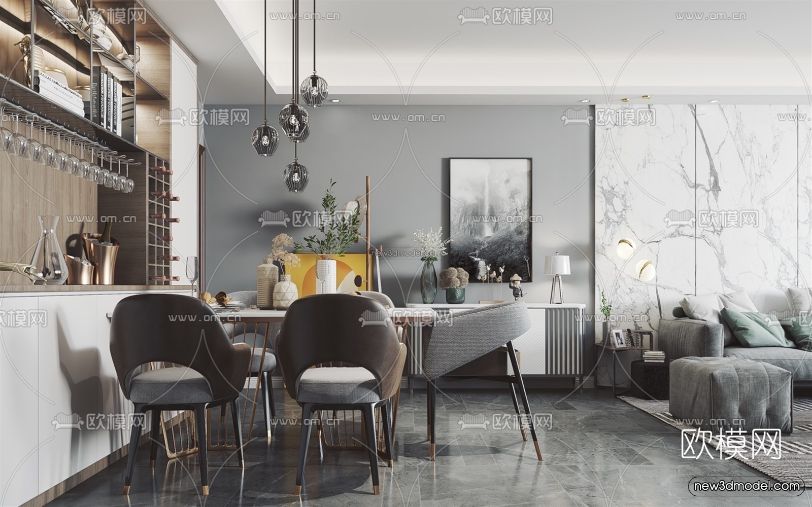 Black – White – Gray Colors Interior 3D Blocks – Living Room 3D Scene – 102 – VRAY - thumbnail 5
