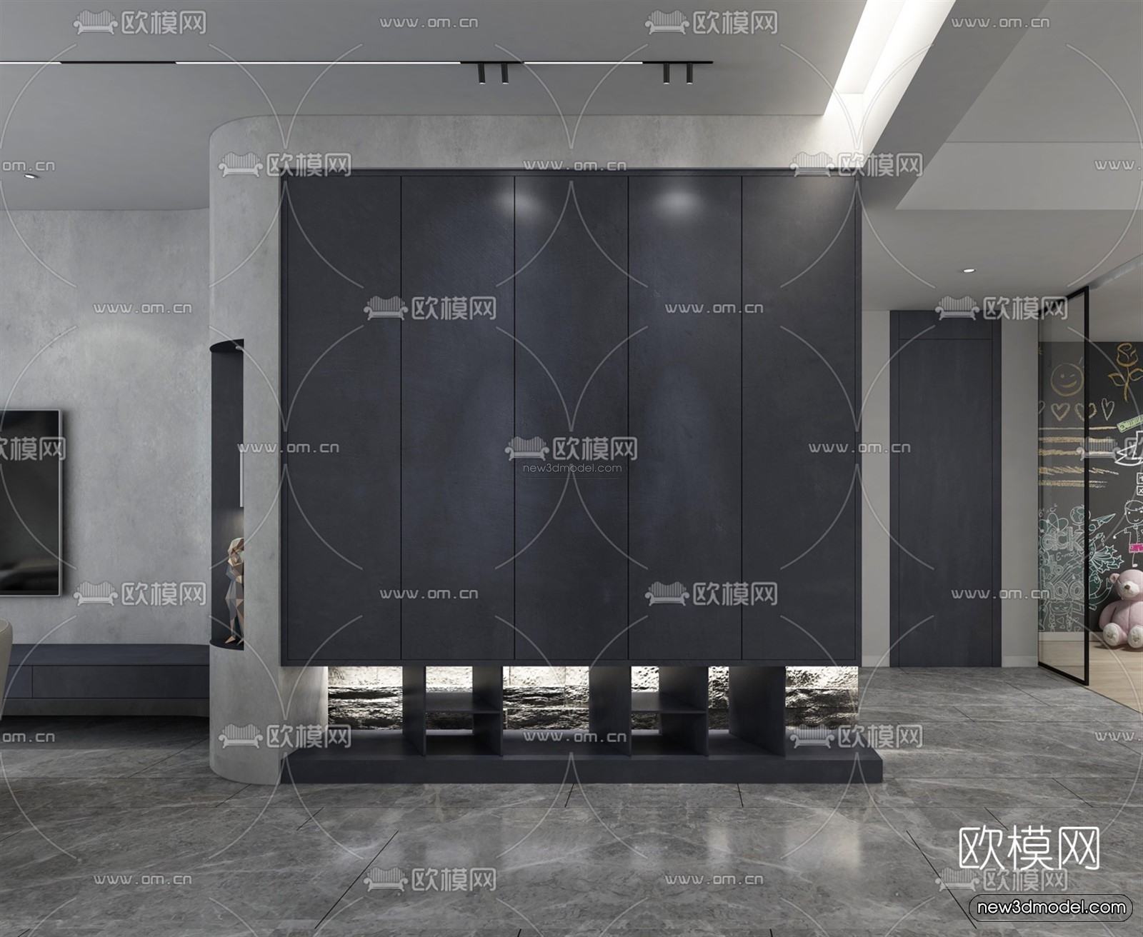 Black – White – Gray Colors Interior 3D Blocks – Living Room 3D Scene – 108 – VRAY - thumbnail 3