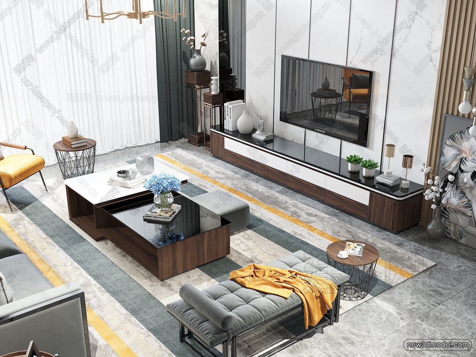 Black – White – Gray Colors Interior 3D Blocks – Living Room 3D Scene – 109 – VRAY - thumbnail 2