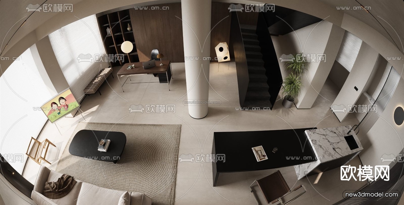 Minimalist Style Interior 3D Blocks – Living Room 3D Model – 061 – VRAY - thumbnail 2