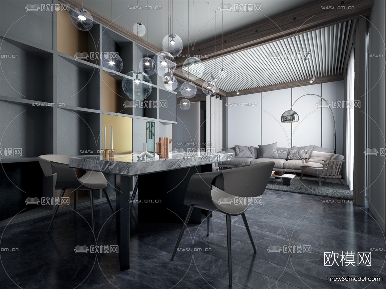 Black – White – Gray Colors Interior 3D Blocks – Living Room 3D Scene – 116 – VRAY - thumbnail 2