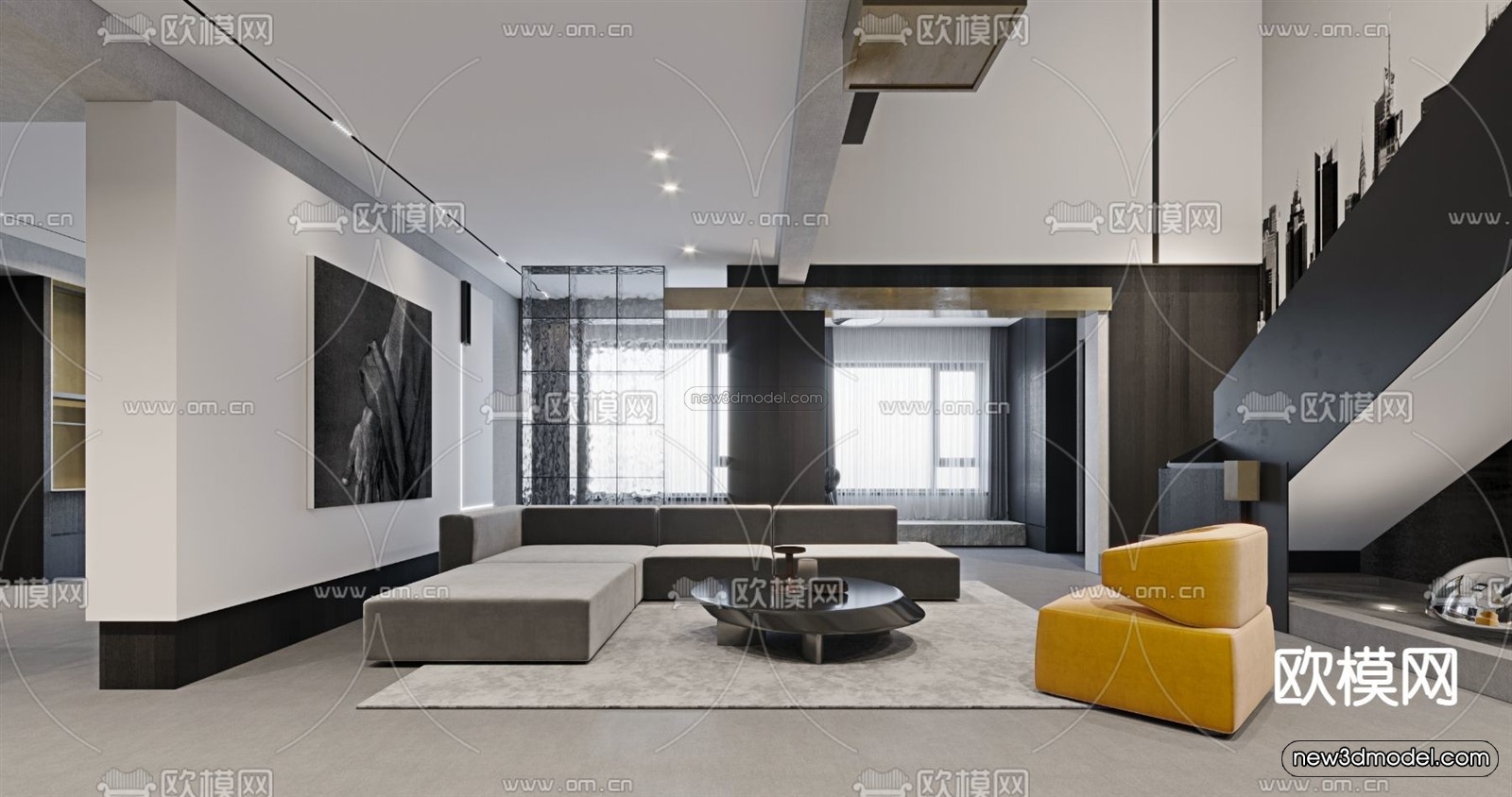 Black – White – Gray Colors Interior 3D Blocks – Living Room 3D Scene – 119 – VRAY - thumbnail 2