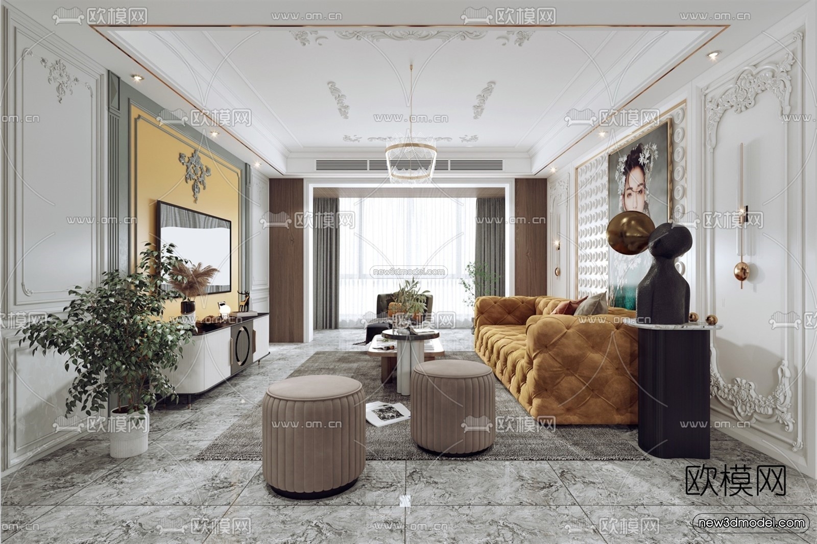 Europe Style Interior 3D Blocks – Living Room 3D Model – 083 – VRAY - thumbnail 2