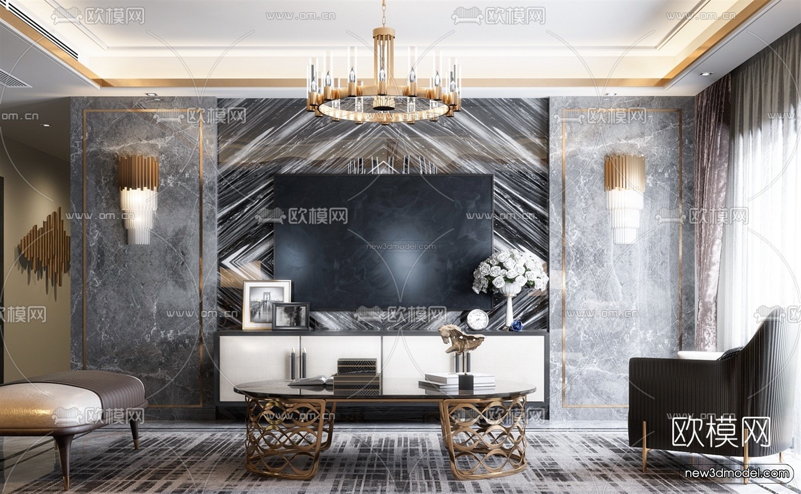 Luxury Style Interior 3D Blocks – Living Room 3D Model – 130 – VRAY - thumbnail 2