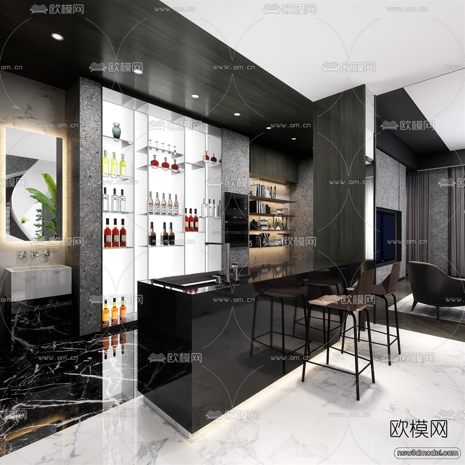 Black – White – Gray Colors Interior 3D Blocks – Living Room 3D Scene – 123 – VRAY - thumbnail 3
