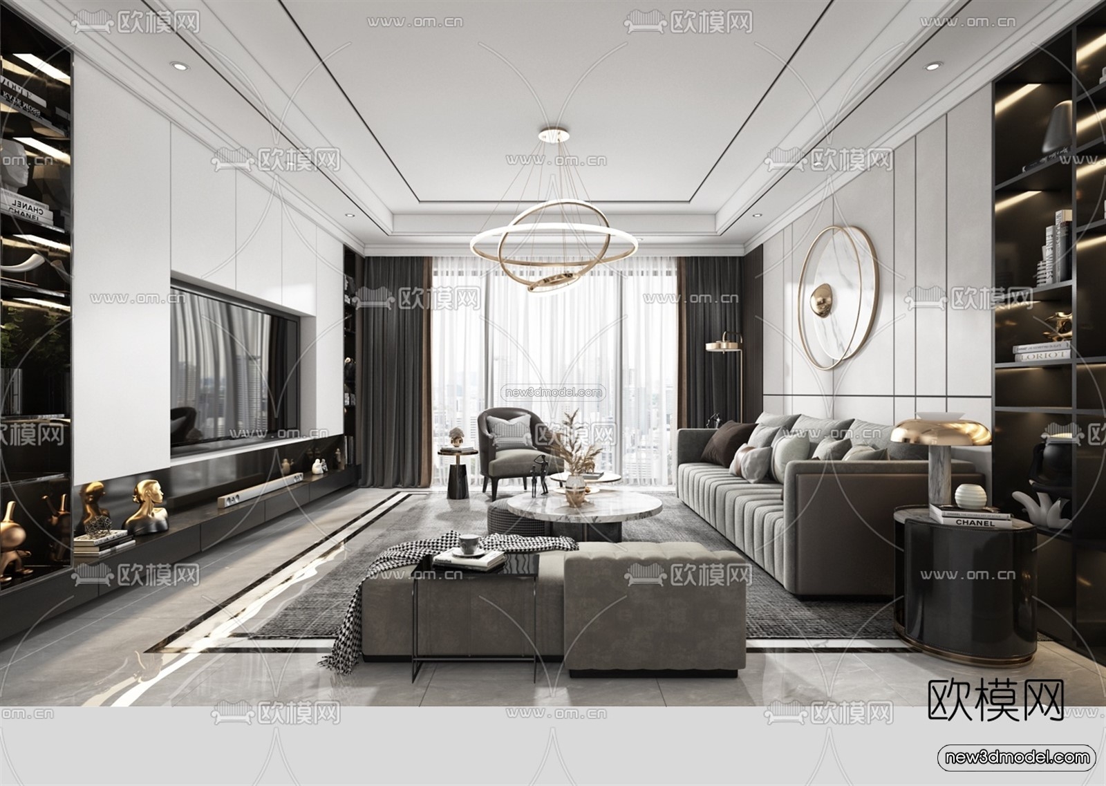 Black – White – Gray Colors Interior 3D Blocks – Living Room 3D Scene – 126 – VRAY - thumbnail 2