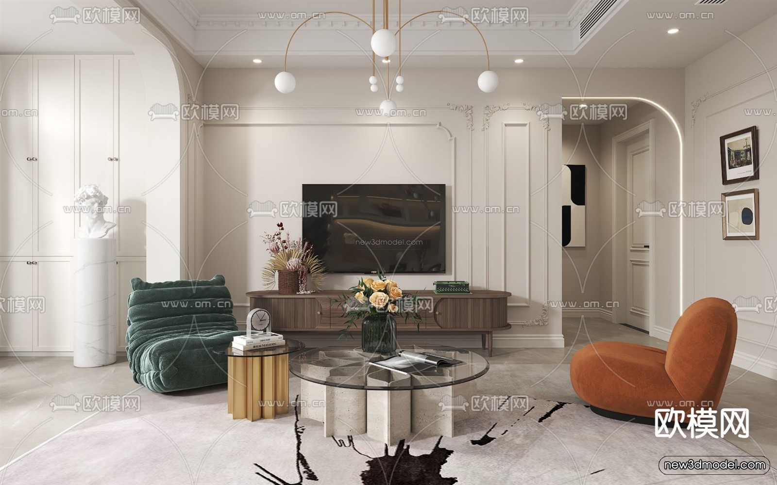 Cream Style Interior 3D Blocks – Living Room 3D Model – 014 – VRAY - thumbnail 3