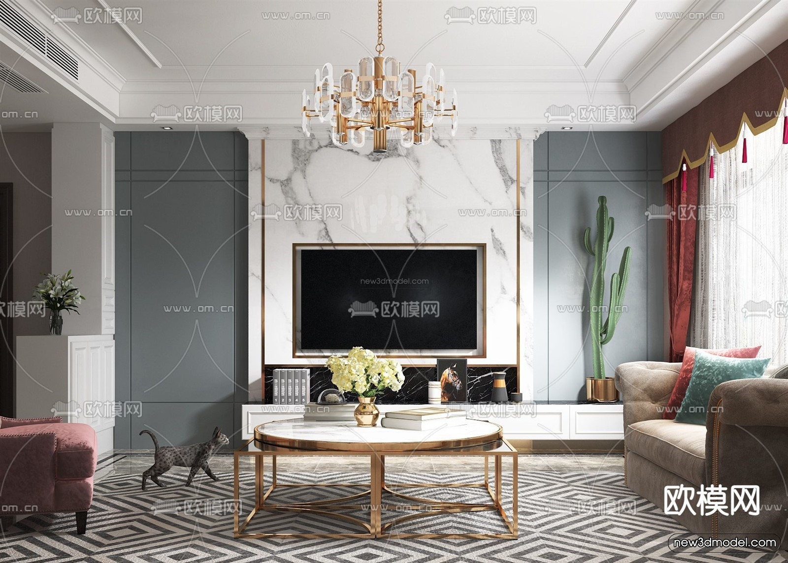 Europe Style Interior 3D Blocks – Living Room 3D Model – 095 – VRAY - thumbnail 2